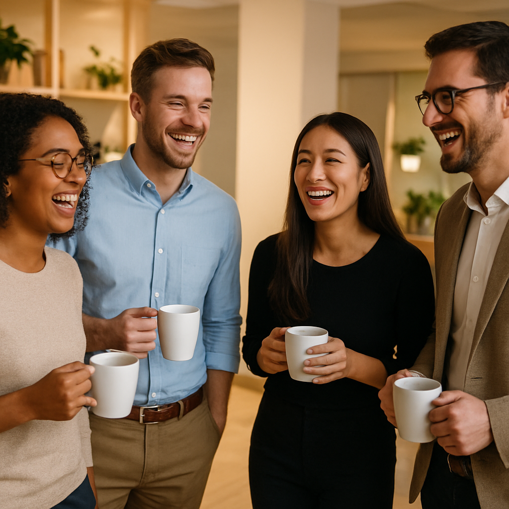 Colleagues laughing together over coffee in an office breakout area